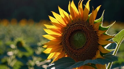 Poster - Sunflower in a sunlit field with rich green leaves, nature's beauty. Floral serenity concept