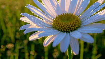 Poster - Daisy covered in morning dew with green grass background, nature beauty concept