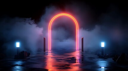 Wall Mural - abstract neon archway in dark fog
