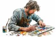 © S photographer - A focused artist carefully blending colors on a palette, showcasing creativity and passion for painting.
