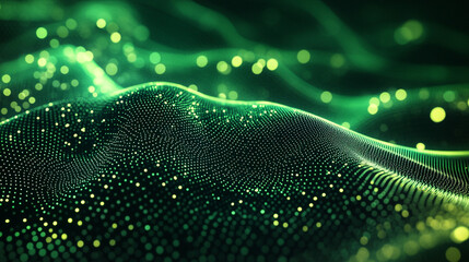 Poster - Abstract green wave with glittering dots and bokeh lights in the background creating depth effect