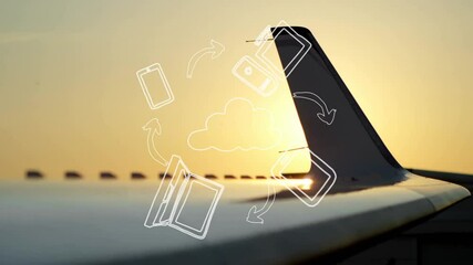 Poster - Airplane wing with cloud computing icons during sunset, animation concept