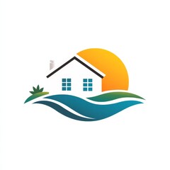 Poster - Coastal Home Logo: Serene House by the Water with Rising Sun and Lush Greenery, Perfect for Real Estate or Vacation Rentals.