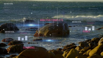 Poster - Ocean waves crashing over rocks with digital analysis overlay animation