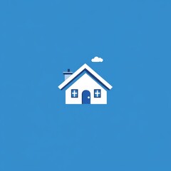 Poster - Minimalist Flat Design: Isolated White House with Cloud Icon on a Blue Backdrop for Real Estate and Home Concepts