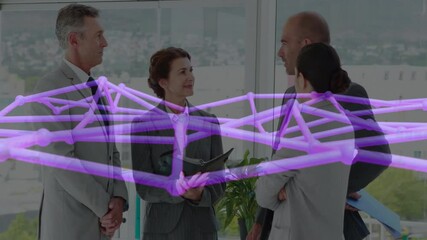 Poster - Discussing business, professionals with purple network connections overlay in office