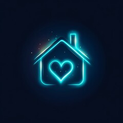 Poster - Neon House with Heart: A Symbol of Home and Love, Shining Brightly in the Darkness of Night