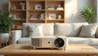 © Vadym - Projector on wooden table in modern living room. Home cinema, entertainment system. Digital device, technology for movie watching, presentation, stream video, film. Interior design.