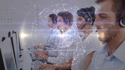 Poster - Customer service team working at computers with digital network overlay animation