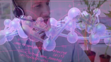 Poster - Man with headset working with molecular structure and data overlay animation