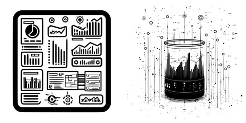 Poster - Visual representation of data analytics with graphs and innovative design in a modern black and white style