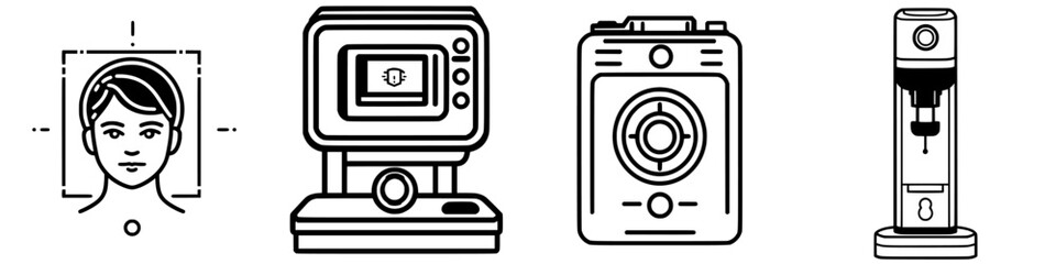 Poster - Modern technology icons representing facial recognition, photography, and beverage dispensing systems in a minimalist style