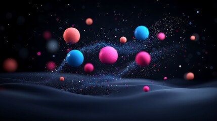 Poster - Vibrant Abstract Scene with Colorful Floating Bubbles and Glowing Particles