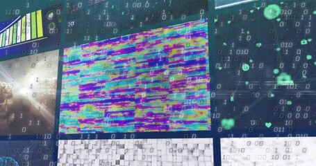 Poster - Overlaying binary code, colorful digital patterns creating animation on abstract background