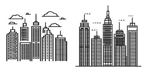 Poster - Illustration of two contrasting city skylines under a clear sky with clouds