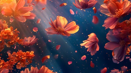 Poster - A surreal abstract floral background with floating flowers and petals in a dreamlike, otherworldly scene