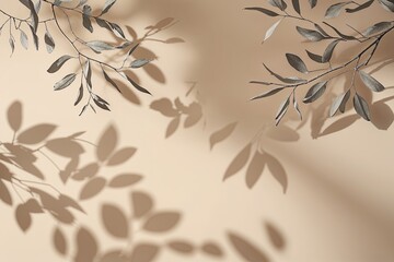 Poster - Serene Beige Background with Faint Shadowy Leafy Branches for Product Displays