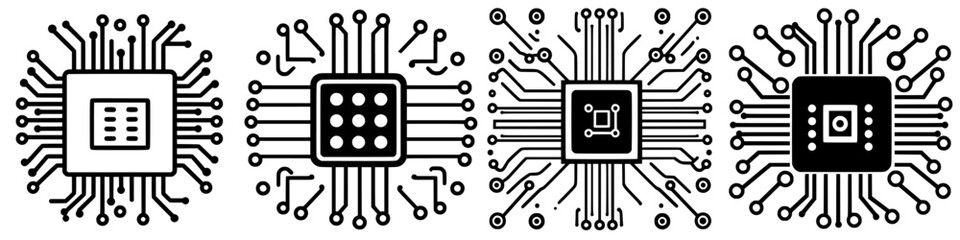 Poster - Illustration of various microchip designs showcasing intricate circuit patterns and configurations in a modern digital context