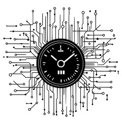 Poster - Clock integrating technology with circuit design illustrates time and innovation in a modern artistic representation