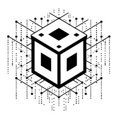 Poster - Abstract cube design featuring geometric patterns and dots on a white background