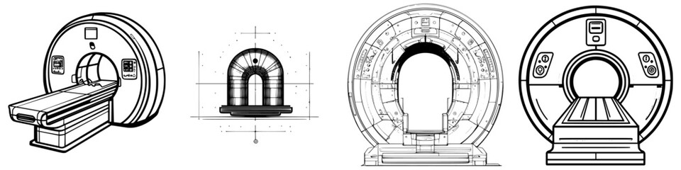 Detailed designs of magnetic resonance imaging machine from various angles showing structure and components