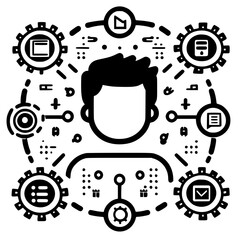 Poster - Person surrounded by gears representing systems and processes in a digital environment