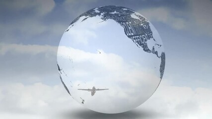 Poster - Rotating globe with animation text overlay on cloudy sky background