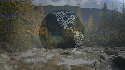 Poster - Circular pattern animation over scenic mountain landscape with flowing river