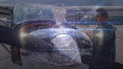Poster - Refueling small aircraft, man using digital network animation connections at airport
