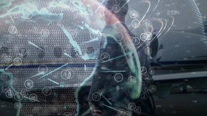 Poster - Using smartphone, businessperson interacting with digital globe animation in office