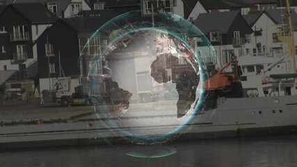 Poster - Digital globe animation over harbor scene with boats and buildings