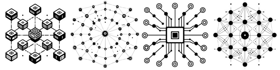 Poster - Various abstract network designs showcasing connections and data flow in a minimalist style