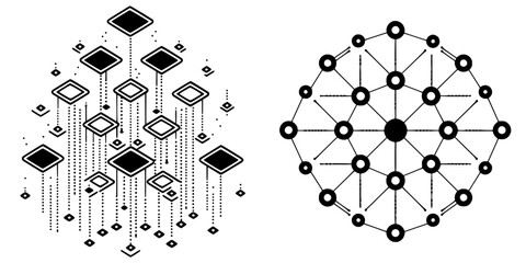 Poster - Abstract geometric patterns with floating squares and interconnected circles in contrasting black and white design