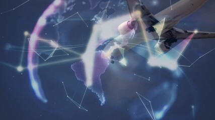 Poster - Flying airplane over digital globe with animation of network connections