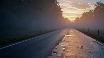 Poster - Misty road at sunrise with trees lining the path, peaceful morning scene. Tranquility concept