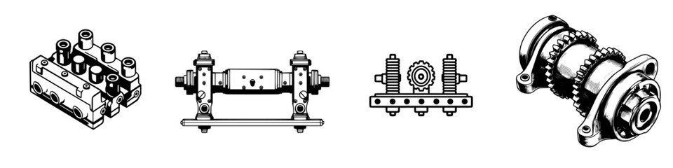 Poster - Mechanical components including valves, axles, and gears arranged neatly for industrial analysis or educational purposes