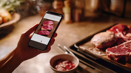 A woman holds a smartphone displaying a modern butcher shop website with a sleek interface and convenient ordering options. 