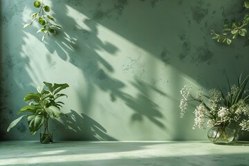 Poster - Tranquil Sage Green Backdrop with Textured Shadows for Merchandise Display