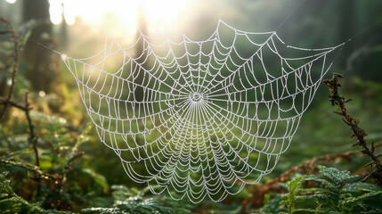 A spider web covered in dew shimmers in the morning light, rain drops on window, spider web with dew drops, spider web with dew, spider web in the morning dew