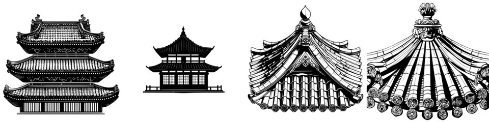 Poster - detailed architectural sketches of traditional asian rooftops showcasing intricate designs and style