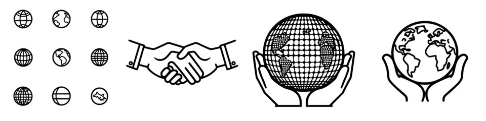 Poster - Global cooperation symbolized through hands and earth designs in black and white