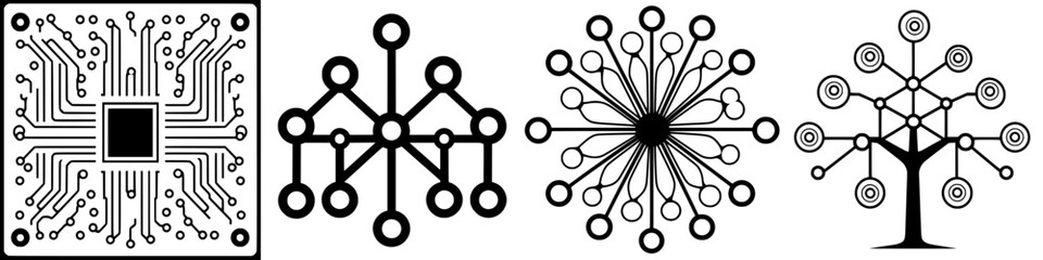 Poster - Circuit patterns and tree structures represent technology and nature in graphic design