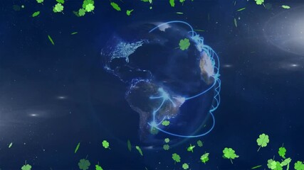 Poster - In space, Earth surrounded by glowing lines and floating green clovers animation