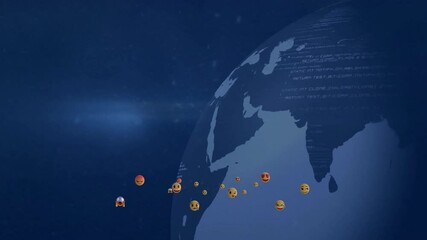Poster - Animation of floating emojis around digital globe on dark blue background