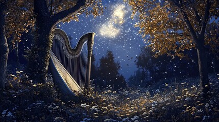 Wall Mural - A whimsical scene set in a serene forest under a starry night sky. A large, elegant harp is nestled between two trees, surrounded by blooming flowers and gentle foliage. The atmosphere is magical, ill