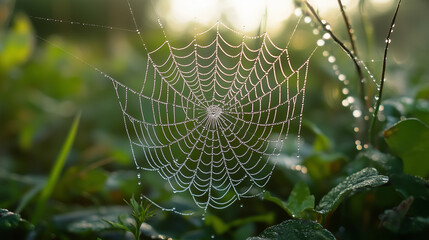 A spider web covered in dew shimmers in the morning light, rain drops on window, spider web with dew drops, spider web with dew, spider web in the morning dew