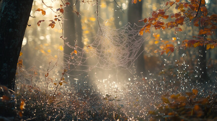 A spider web covered in dew shimmers in the morning light, rain drops on window, spider web with dew drops, spider web with dew, spider web in the morning dew