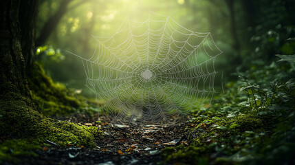 A spider web covered in dew shimmers in the morning light, rain drops on window, spider web with dew drops, spider web with dew, spider web in the morning dew