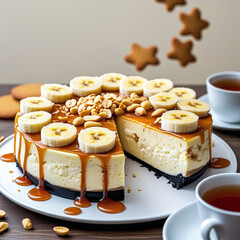 Poster - Banana and caramel cheesecake topped with bananas and peanut butter