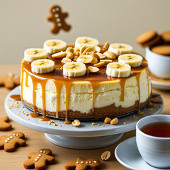 Poster - Banana and caramel cheesecake topped with bananas and peanut butter